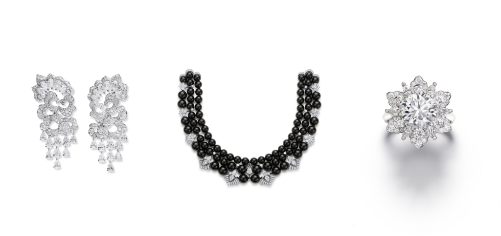 Chopard Haute Joaillerie earrings and onyx bead necklace in ethical 18-carat white gold, set with pear-cut and brilliant-cut diamonds, exploring contrast, light, and disciplined elegance.