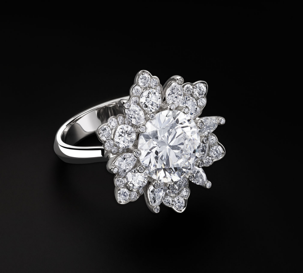 Chopard Haute Joaillerie ring in ethical 18-carat white gold with a central brilliant-cut diamond, inspired by organic geometry and controlled brilliance.