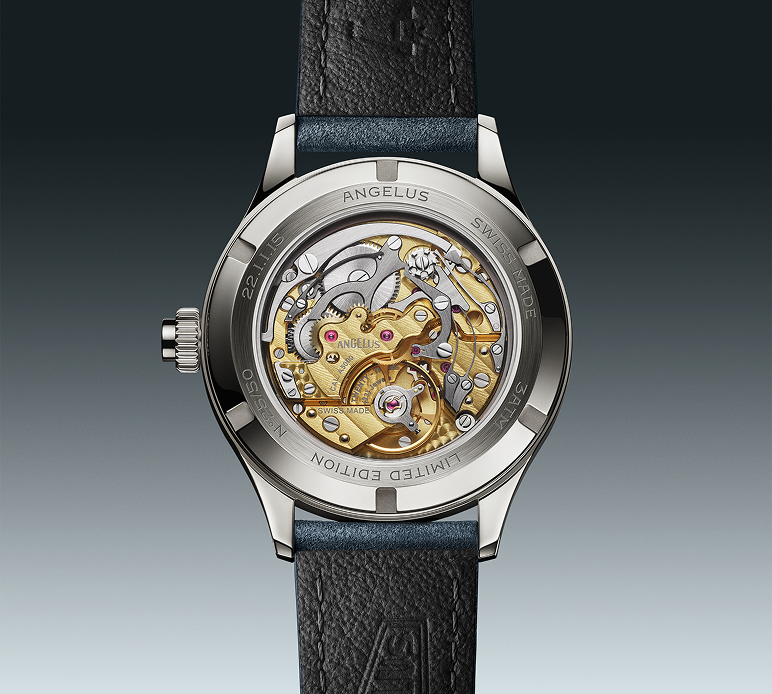 Angelus Chronographe Tachymètre featuring a vintage-inspired dial, tachymeter scale, and 37 mm case.