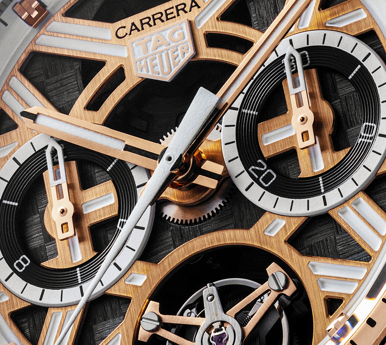Skeletonized dial and tourbillon of the TAG Heuer Carrera Extreme Sport Golden Heritage